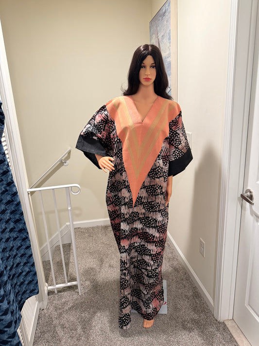 Peach Aso-Oke Trim Adire Kaftan + Matching Headscarf