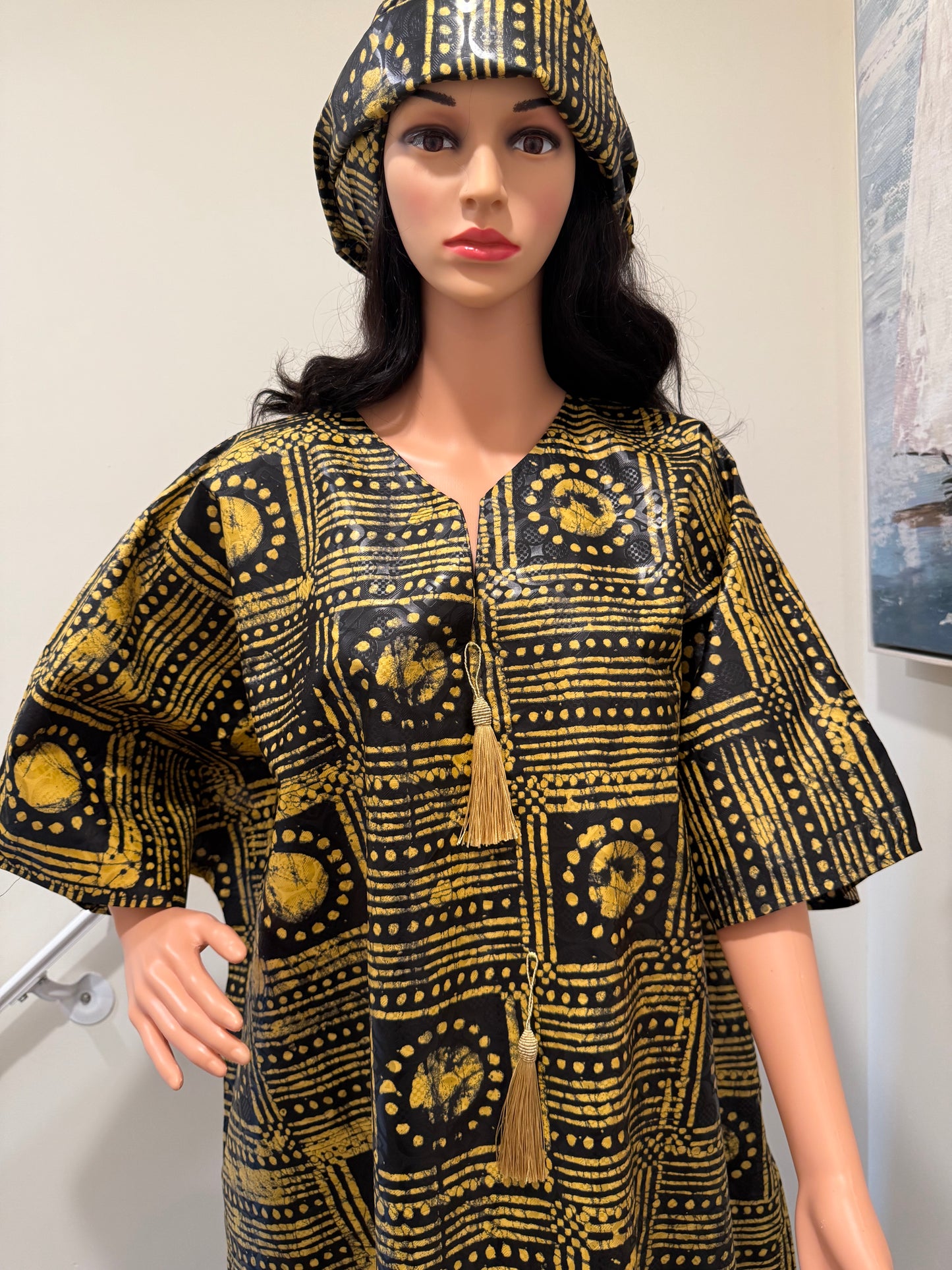 Black & Gold Batik Kaftan with Matching Headwrap and Tassel Detail