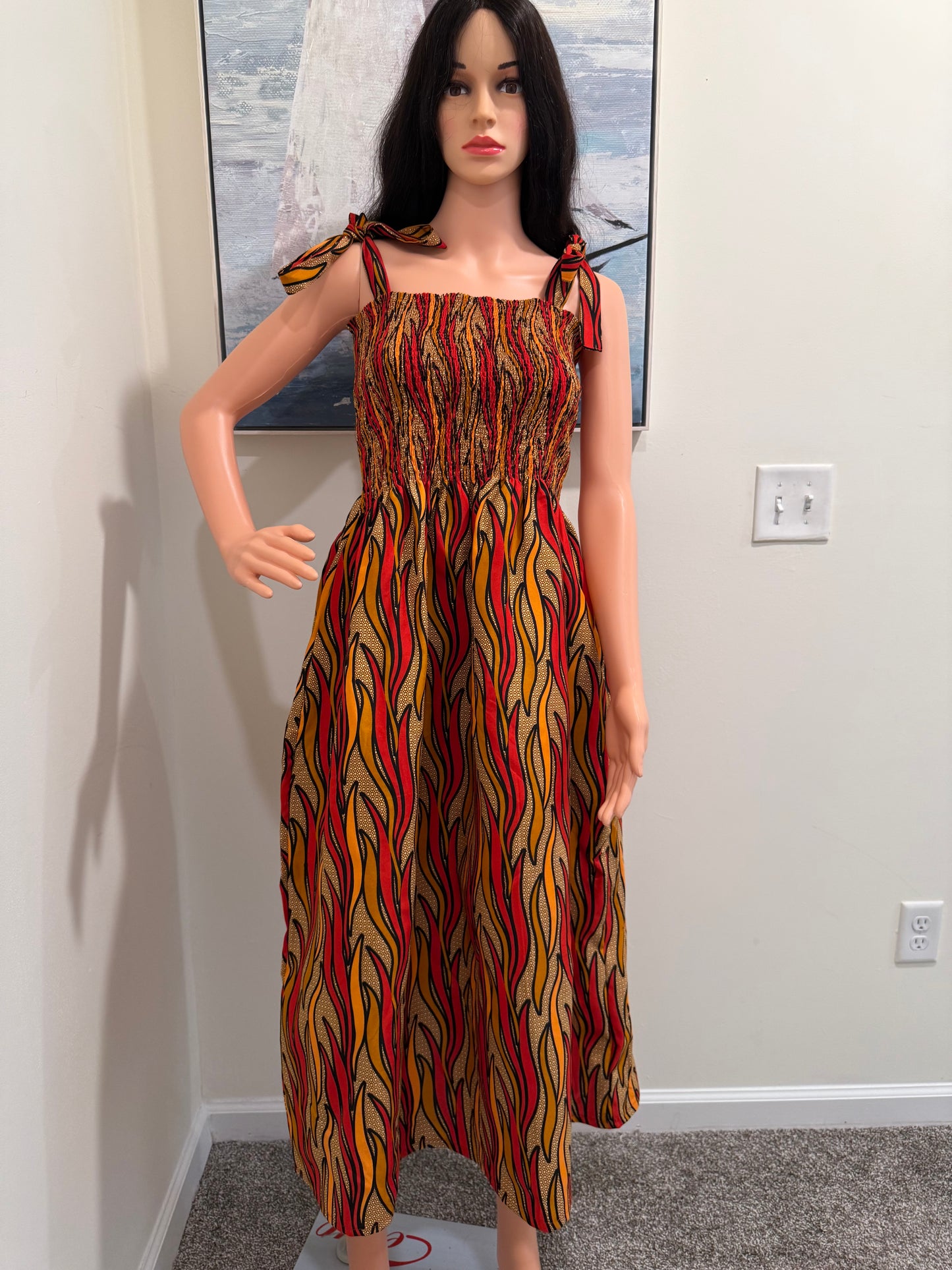 Flame Print Shirred Midi Dress – Adjustable Straps