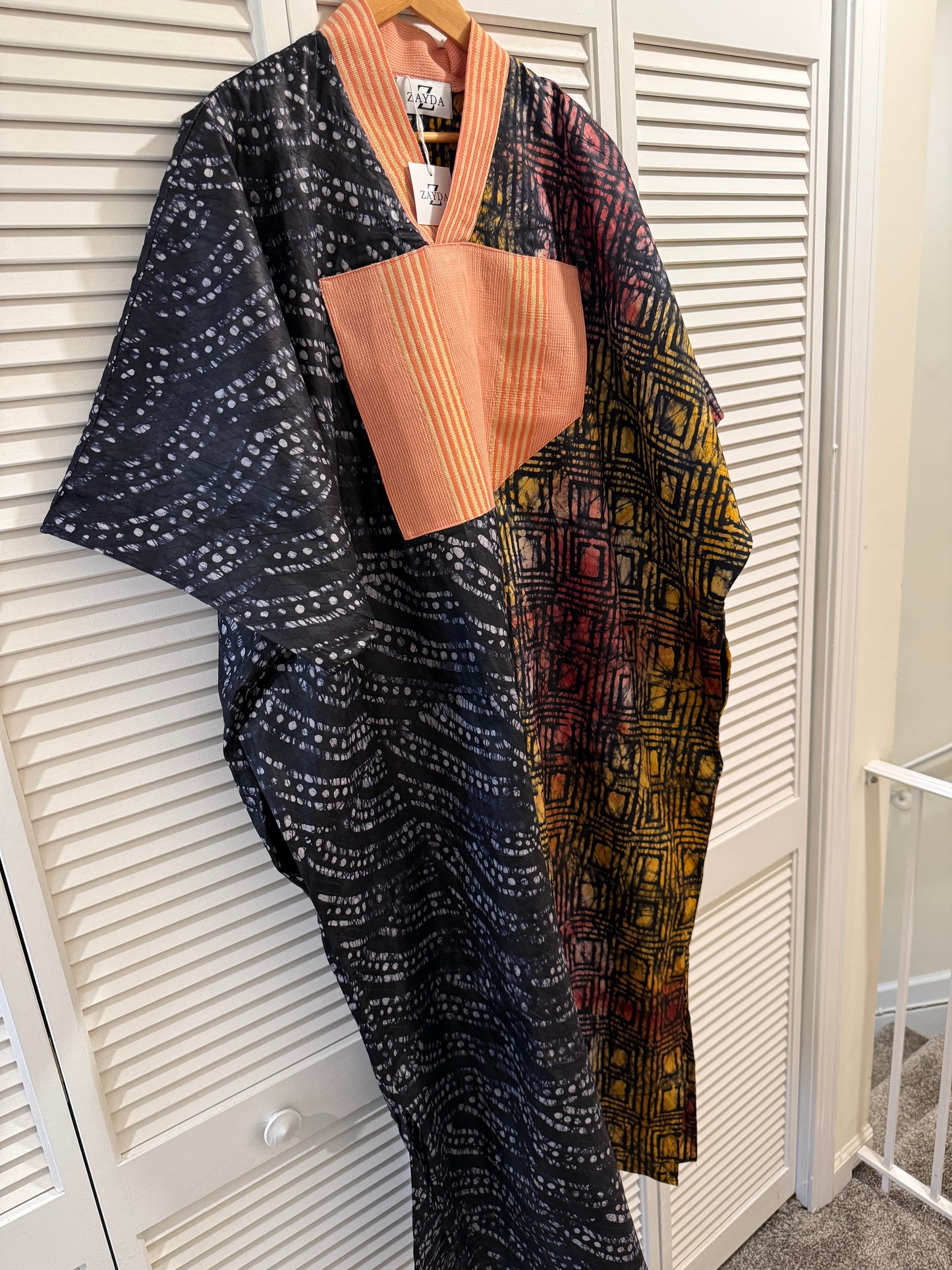 Adire Kaftan with Aso Oke Neckline & Headscarf