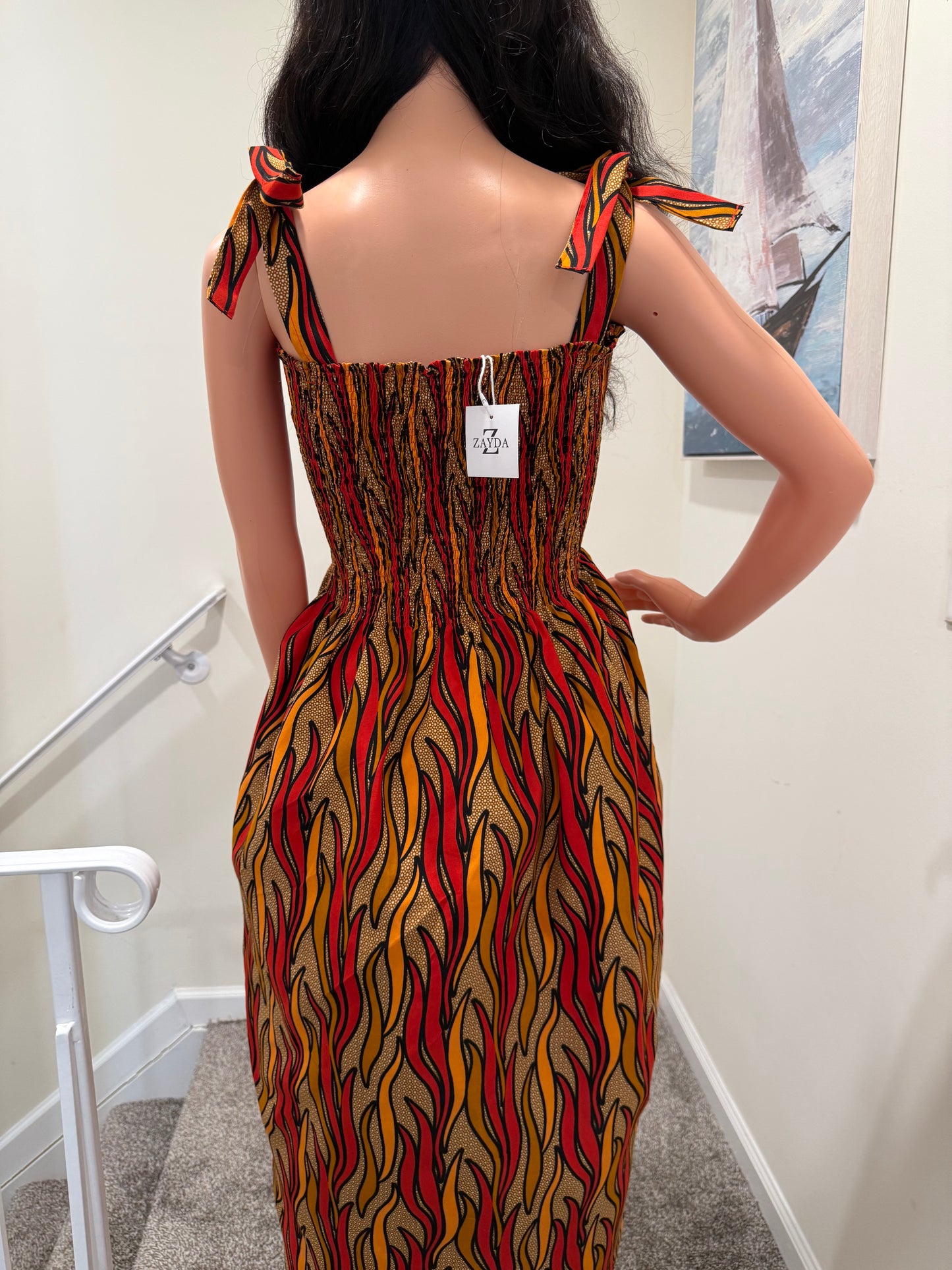 Flame Print Shirred Midi Dress – Adjustable Straps