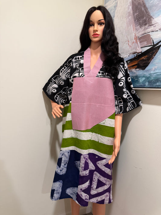 Cotton Adire Midi Dress with Aso Oke Neckline