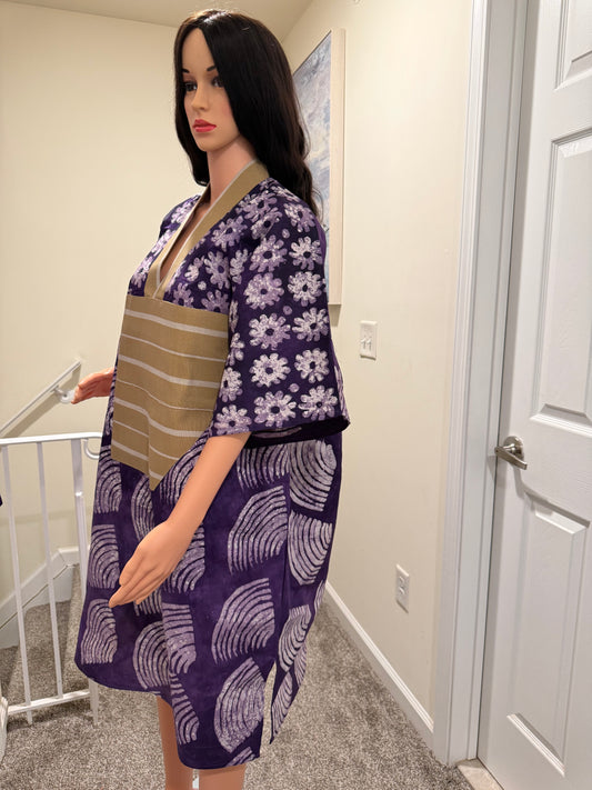 Purple Adire Midi Dress with Aso Oke Detail