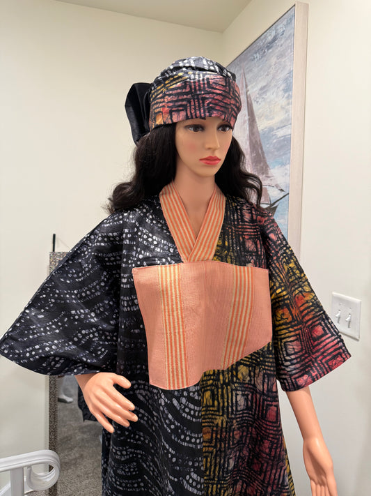 Adire Kaftan with Aso Oke Neckline & Headscarf