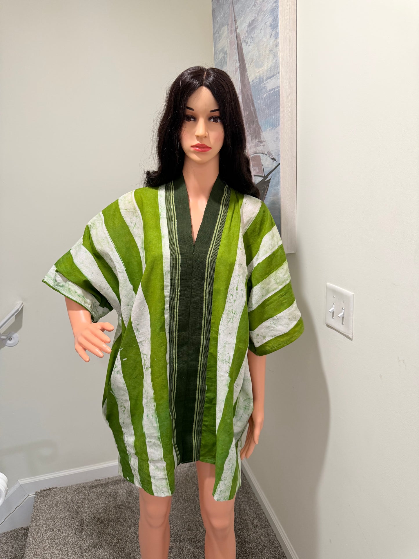Green Striped Kimono Mini Dress – Hand Dyed Adire & Aso Oke