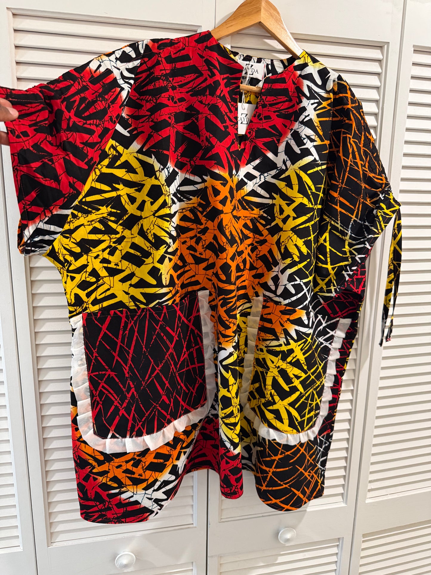 Ankara Mini Dress with Drawstring Sleeves & Fun Pockets – 100% Cotton