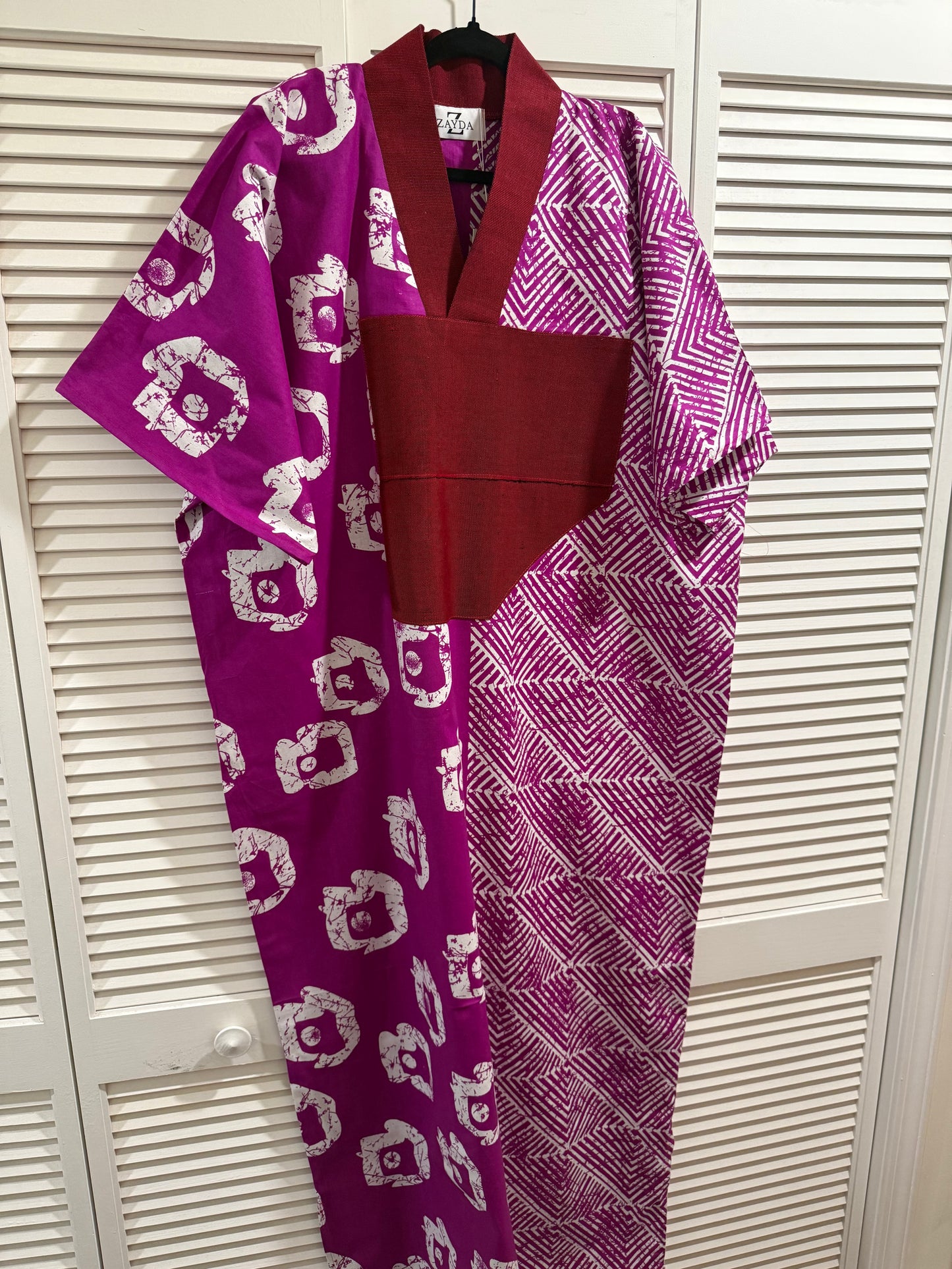 Magenta Ankara Kaftan Dress with Aso Oke Neckline