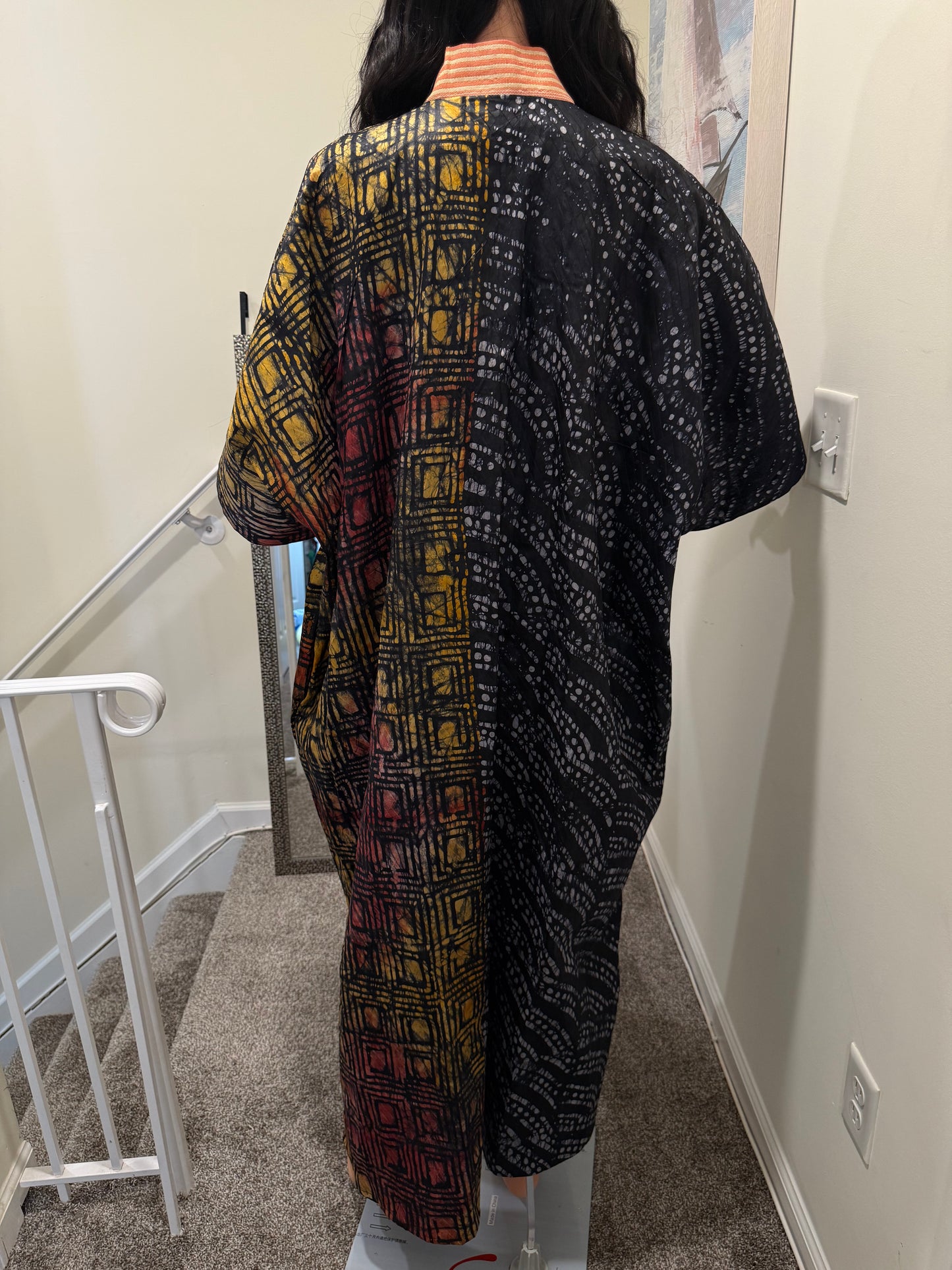 Adire Kaftan with Aso Oke Neckline & Headscarf