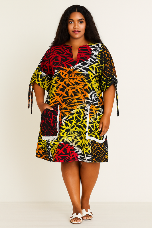 Ankara Mini Dress with Drawstring Sleeves & Fun Pockets – 100% Cotton