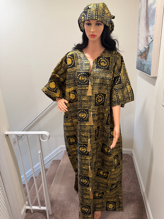 Black & Gold Batik Kaftan with Matching Headwrap and Tassel Detail