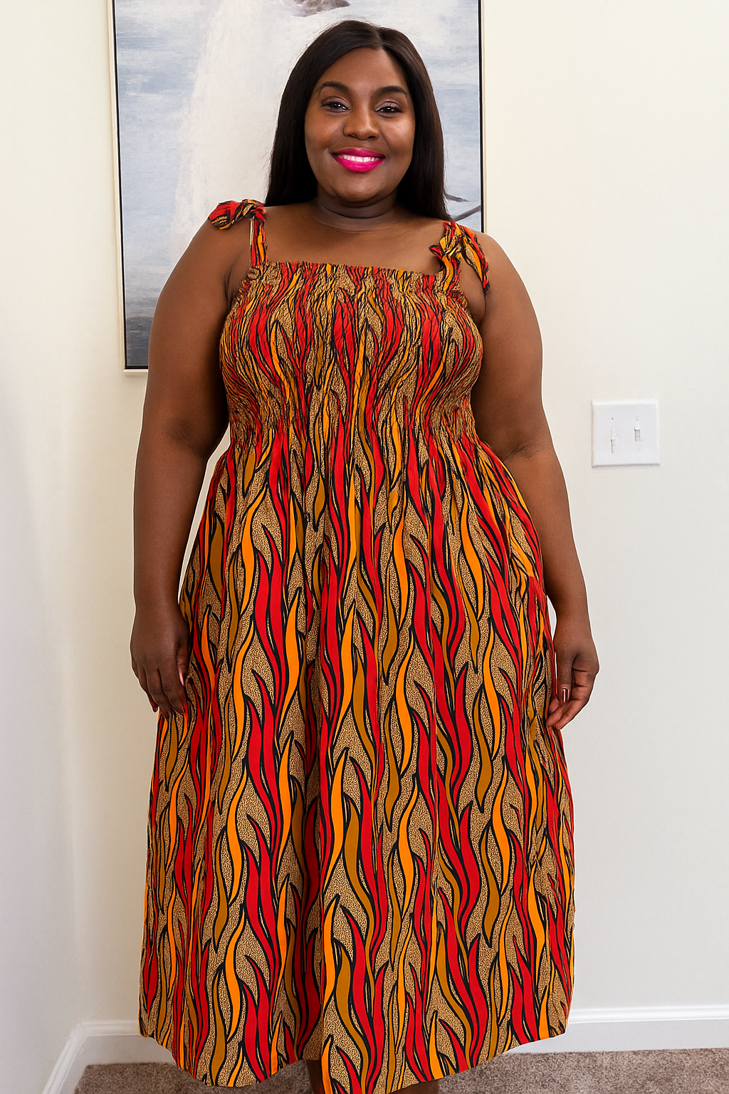 Flame Print Shirred Midi Dress – Adjustable Straps
