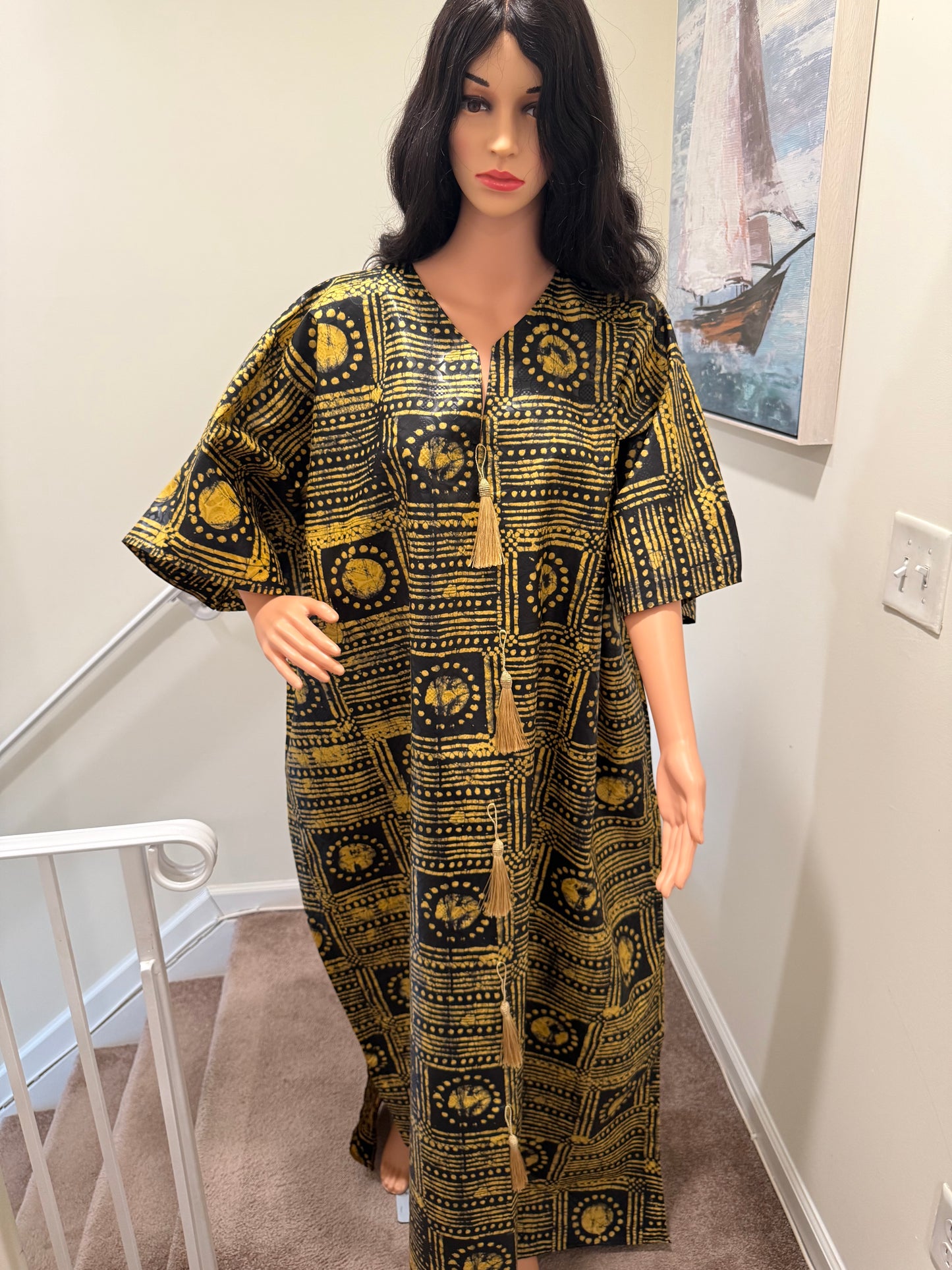 Black & Gold Batik Kaftan with Matching Headwrap and Tassel Detail
