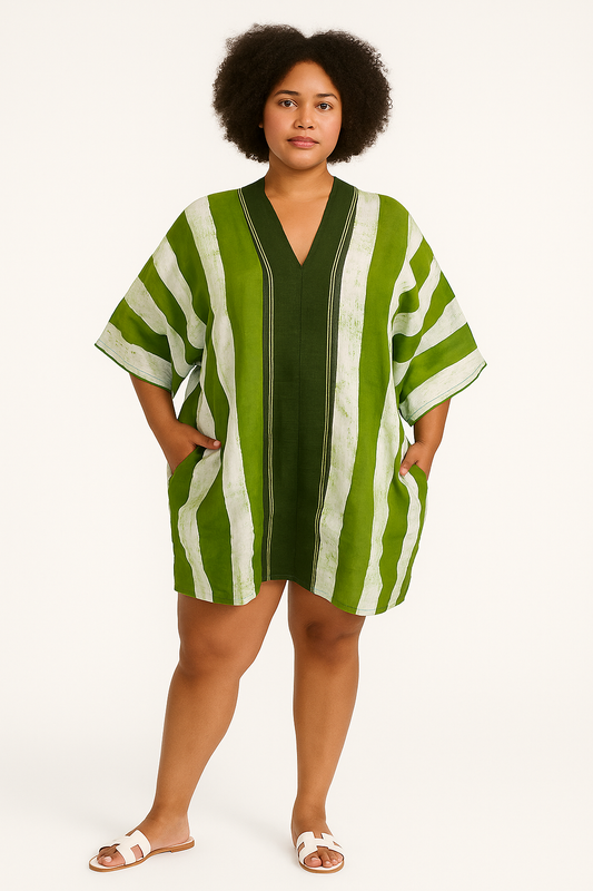 Green Striped Kimono Mini Dress – Hand Dyed Adire & Aso Oke