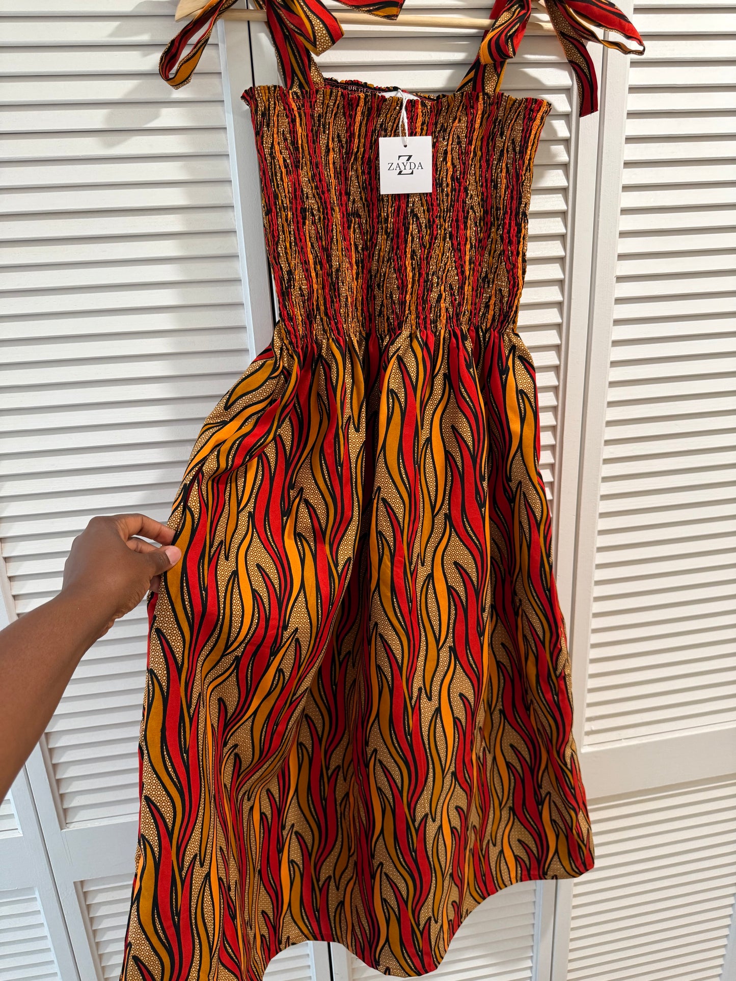 Flame Print Shirred Midi Dress – Adjustable Straps