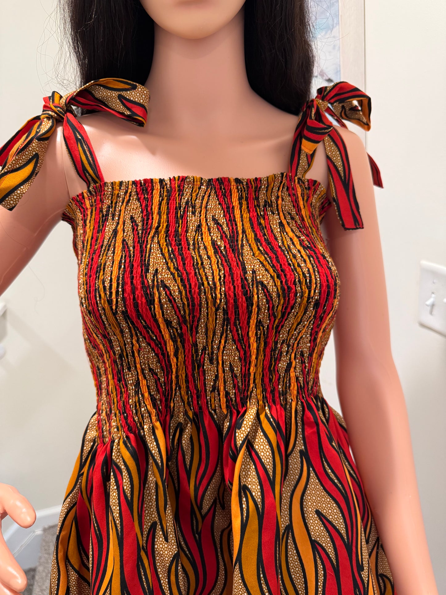 Flame Print Shirred Midi Dress – Adjustable Straps