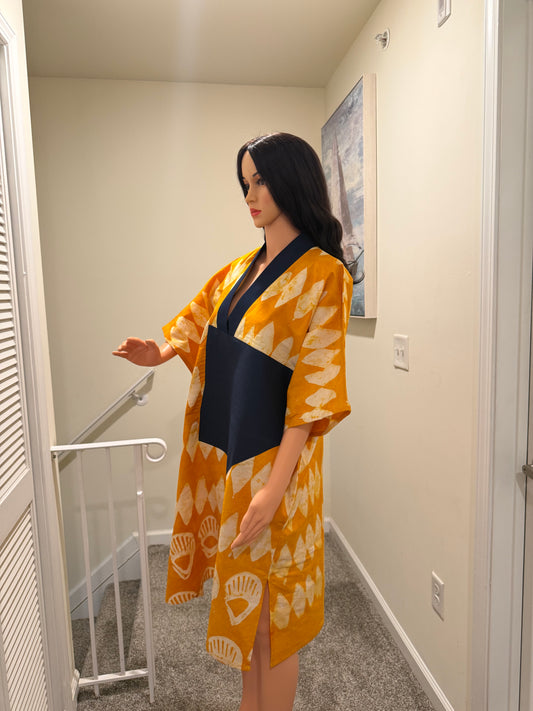 Mustard Adire Cotton Dress with Denim Neckline – 41” Length