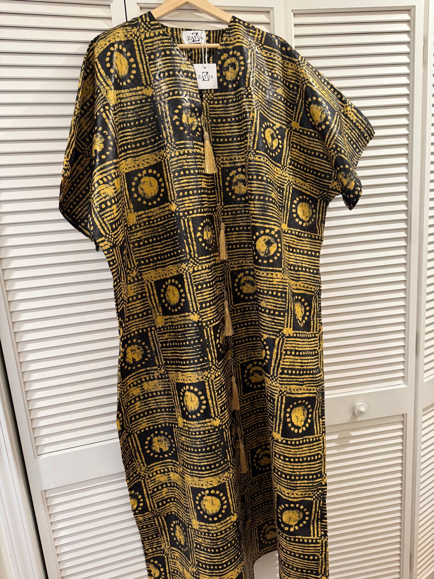 Black & Gold Batik Kaftan with Matching Headwrap and Tassel Detail
