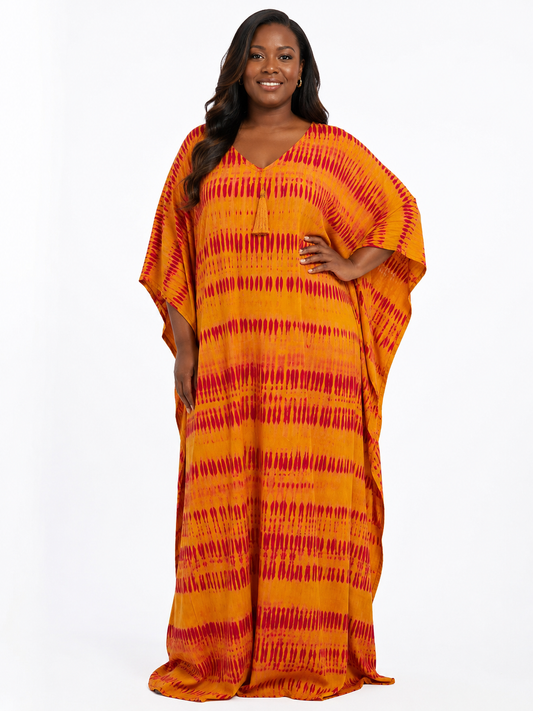 Sunset Adire Kaftan Set — Golden Flame | One Size Up To 2X
