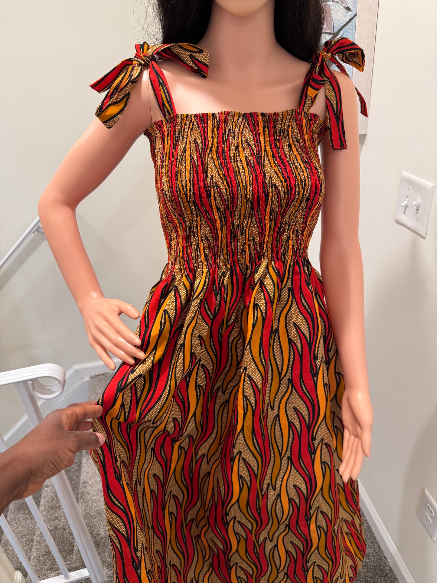 Flame Print Shirred Midi Dress – Adjustable Straps