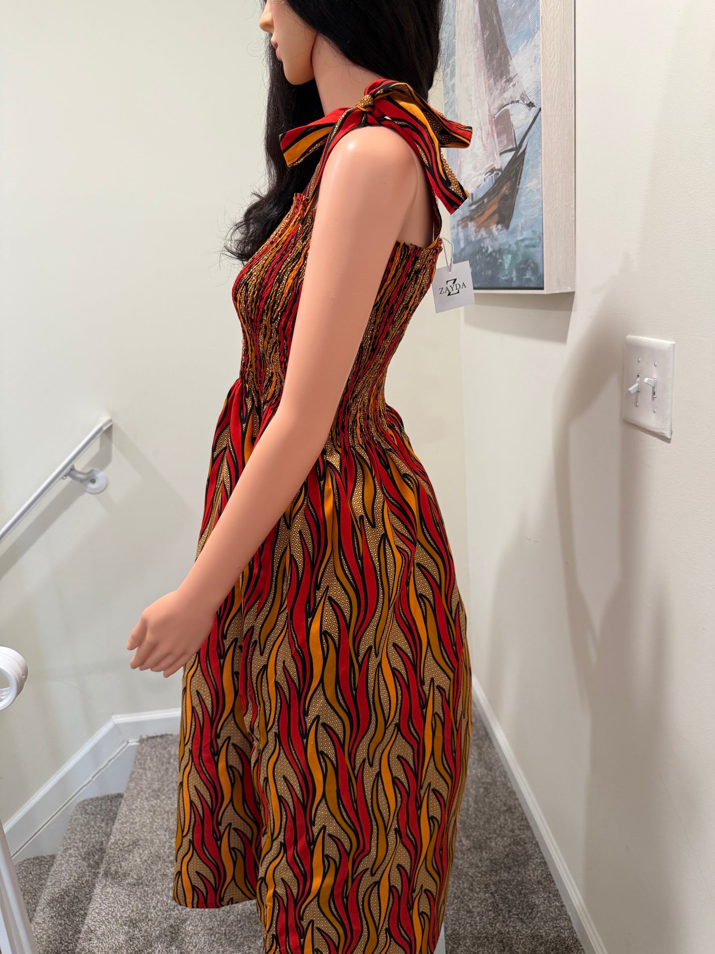 Flame Print Shirred Midi Dress – Adjustable Straps