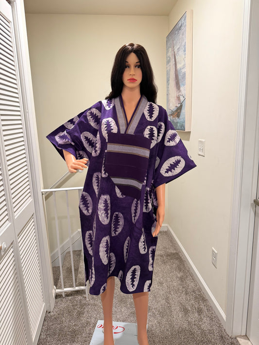 Adire Cotton Kaftan with Aso Oke Detail – 42” Length, Relaxed Fit