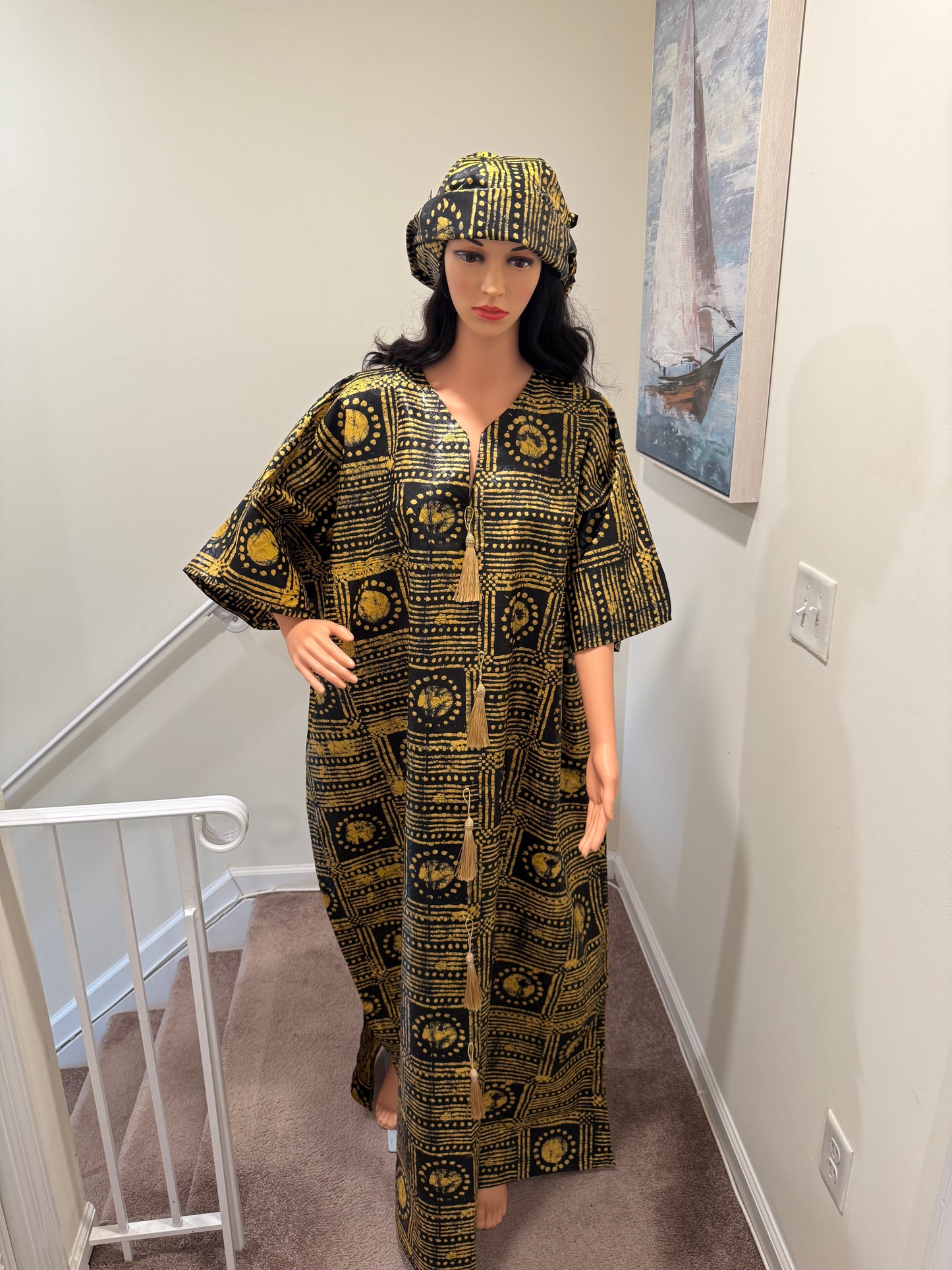 Black & Gold Batik Kaftan with Matching Headwrap and Tassel Detail