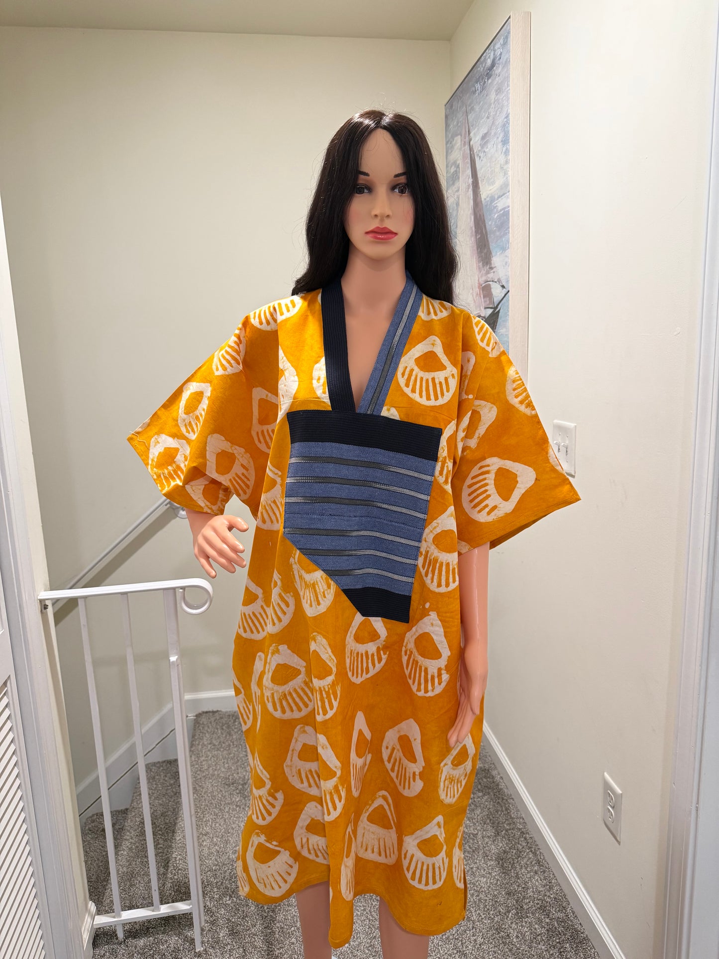 Sunset Adire Kaftan Dress with Aso Oke Detail