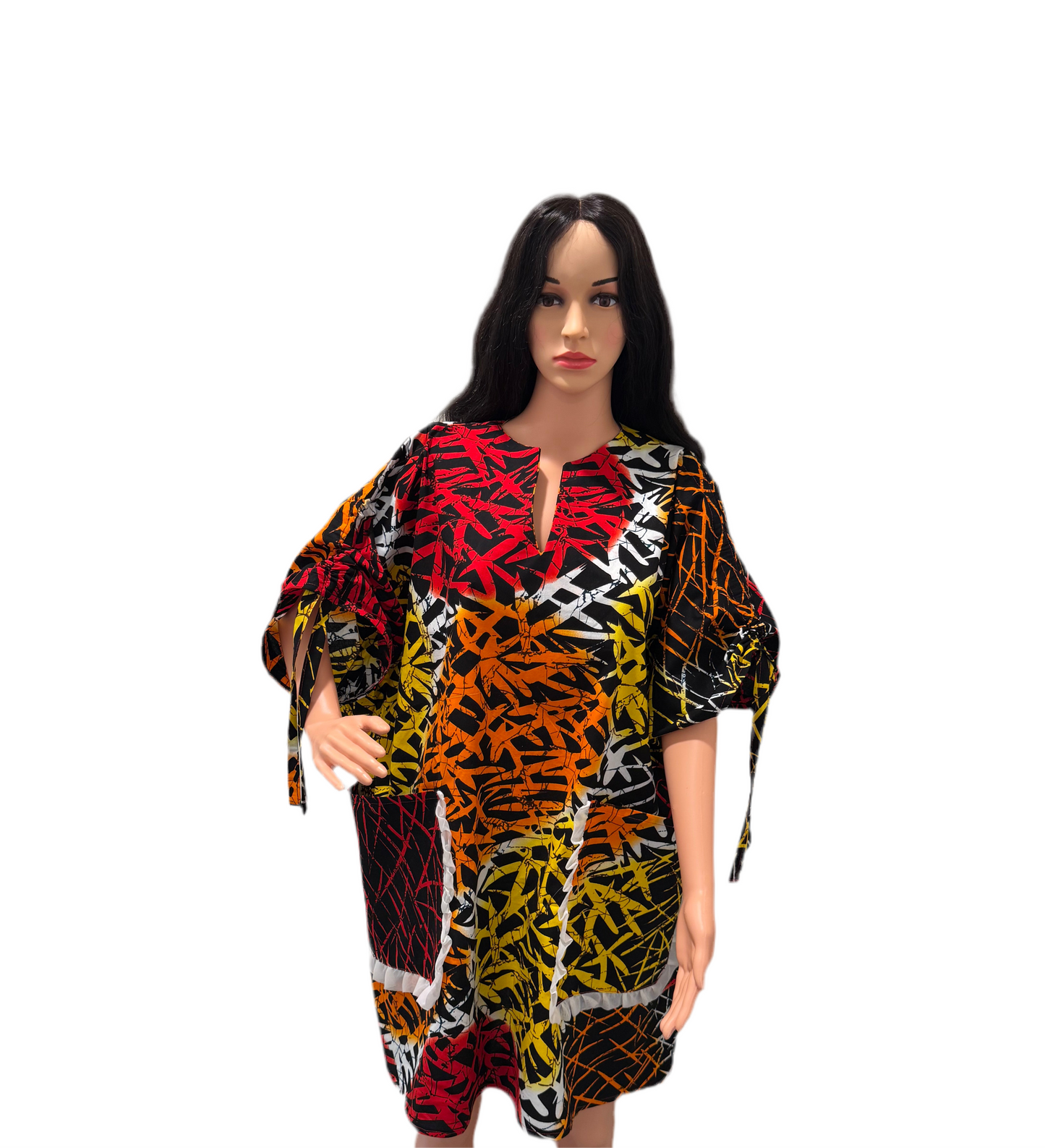 Ankara Mini Dress with Drawstring Sleeves & Fun Pockets – 100% Cotton