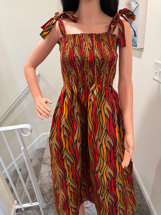 Flame Print Shirred Midi Dress – Adjustable Straps