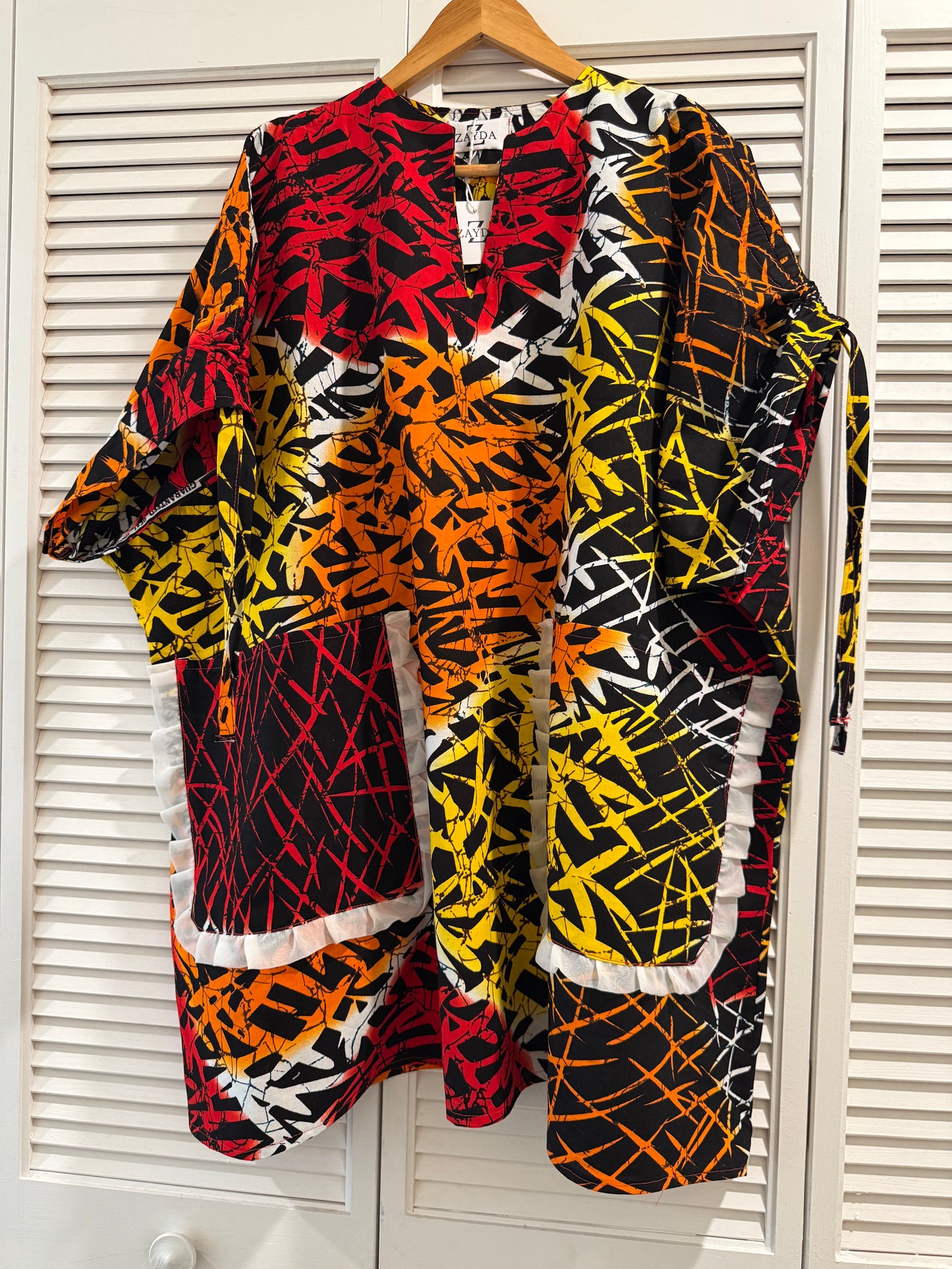 Ankara Mini Dress with Drawstring Sleeves & Fun Pockets – 100% Cotton