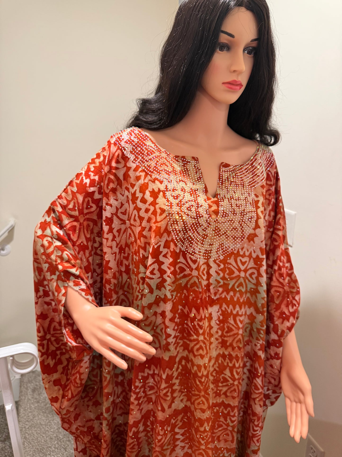 Stone-Embellished Adire Crepe Kaftan