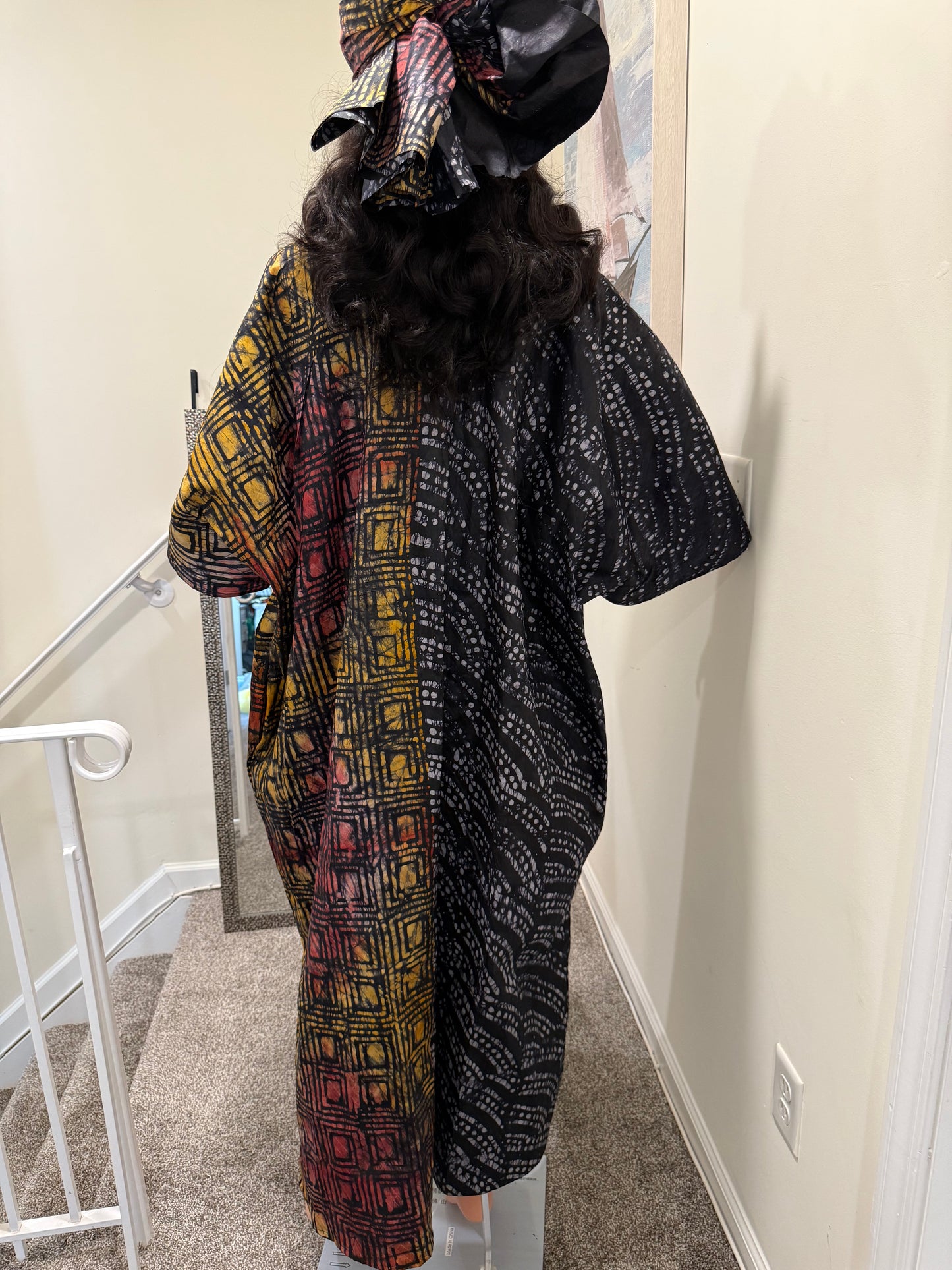 Adire Kaftan with Aso Oke Neckline & Headscarf