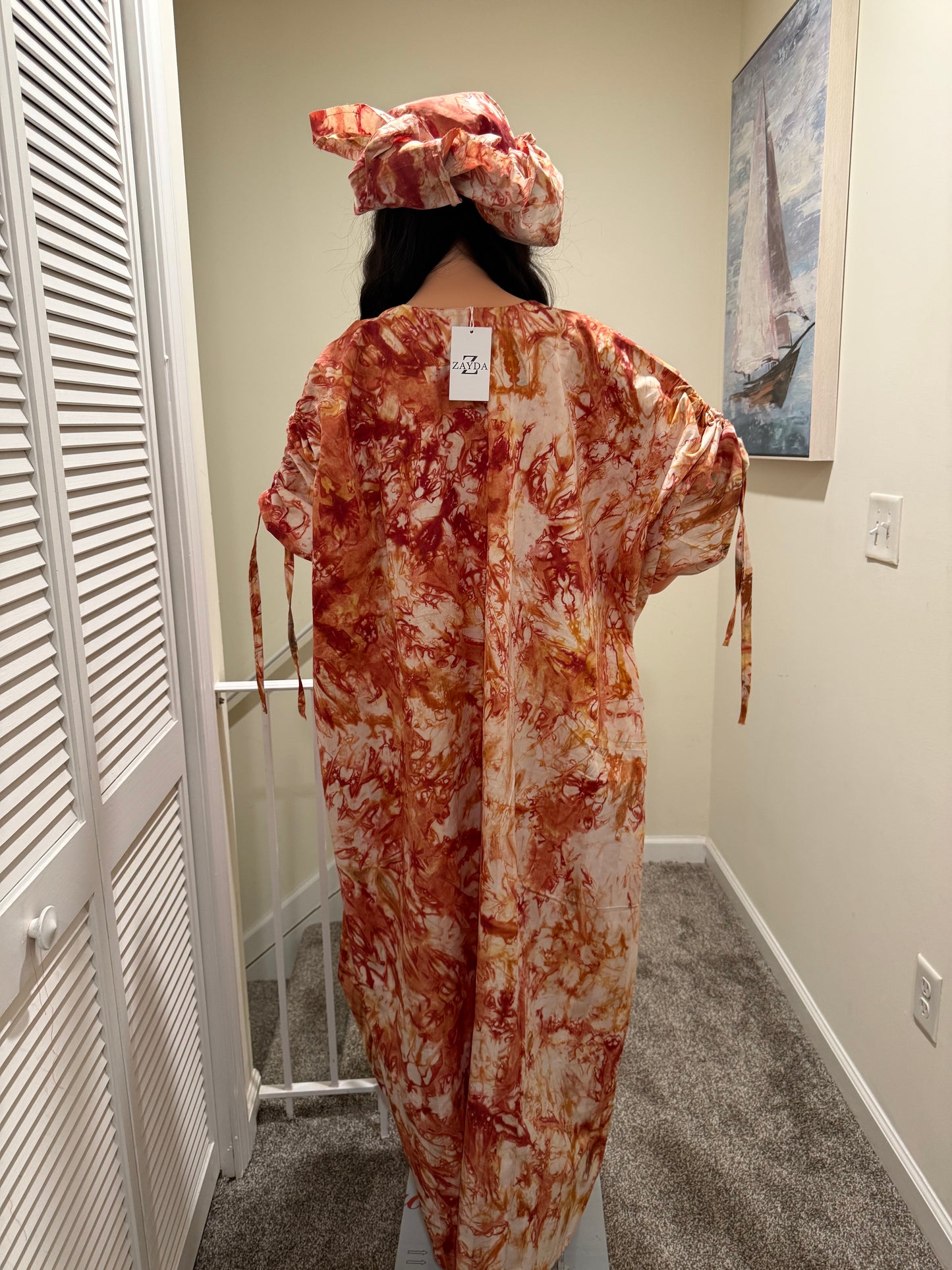 Burnt Orange Adire Kaftan Dress with Headscarf