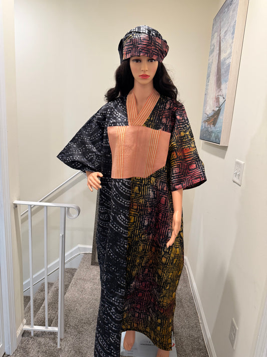 Adire Kaftan with Aso Oke Neckline & Headscarf