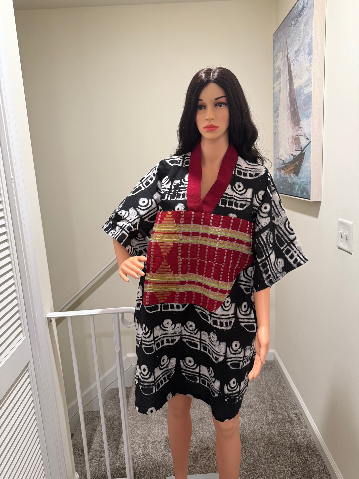 Danfo Pattern Short Kaftan With Vintage Aso-Oke Trim