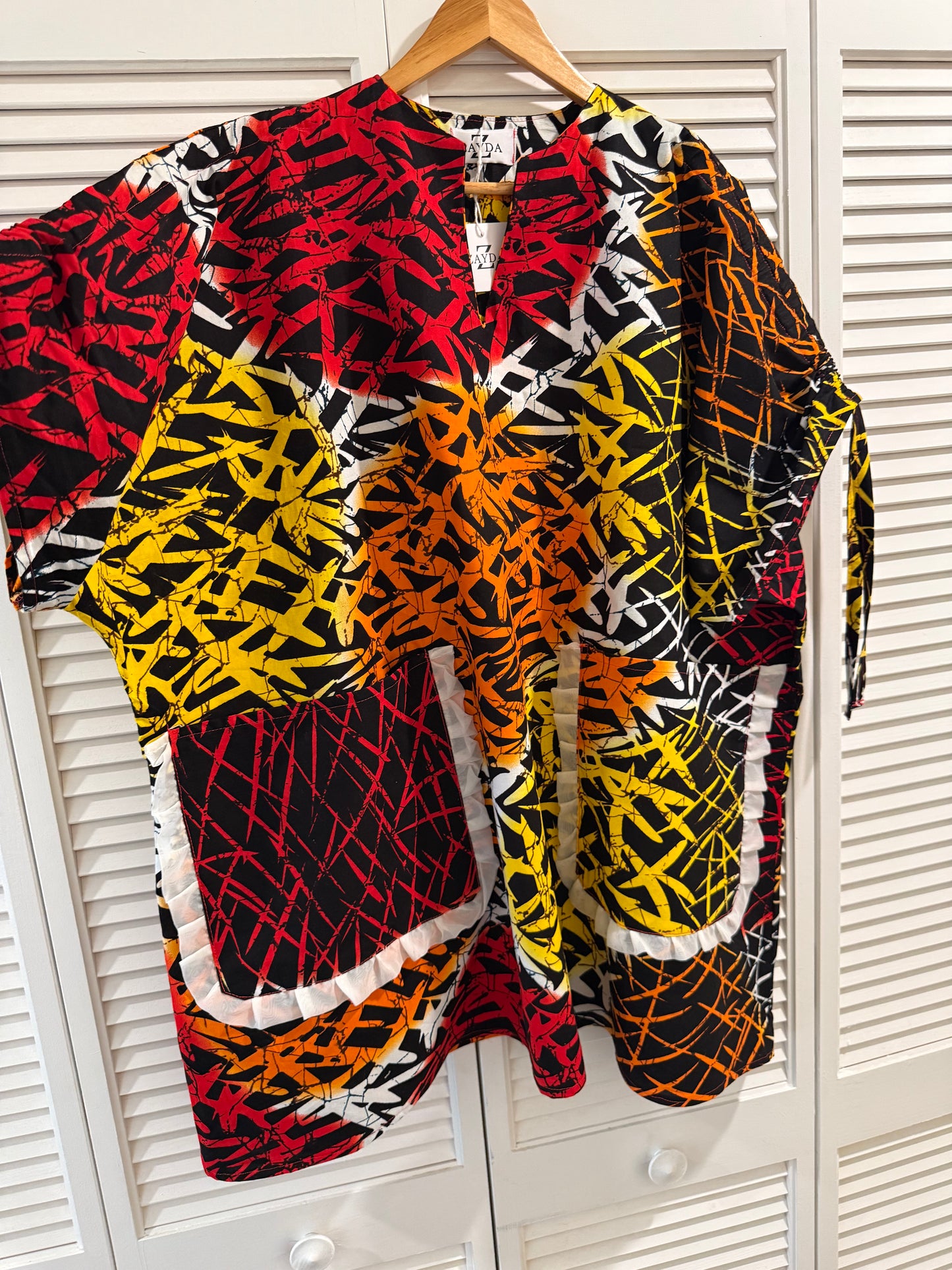 Ankara Mini Dress with Drawstring Sleeves & Fun Pockets – 100% Cotton