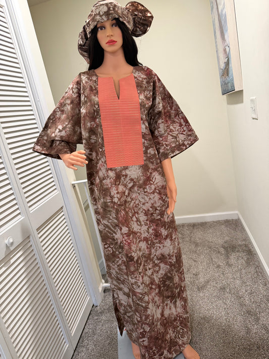 Adire Kaftan Dress with Head Scarf