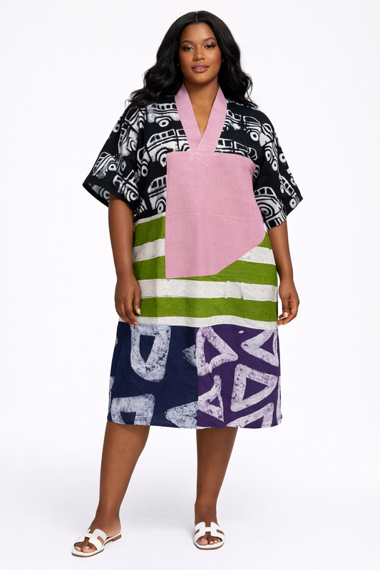 Cotton Adire Midi Dress with Aso Oke Neckline