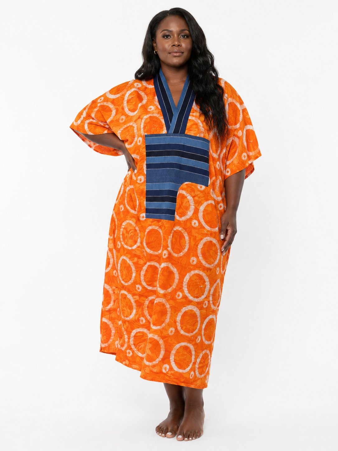 Orange Adire Bubu Dress with Aso Oke Detail
