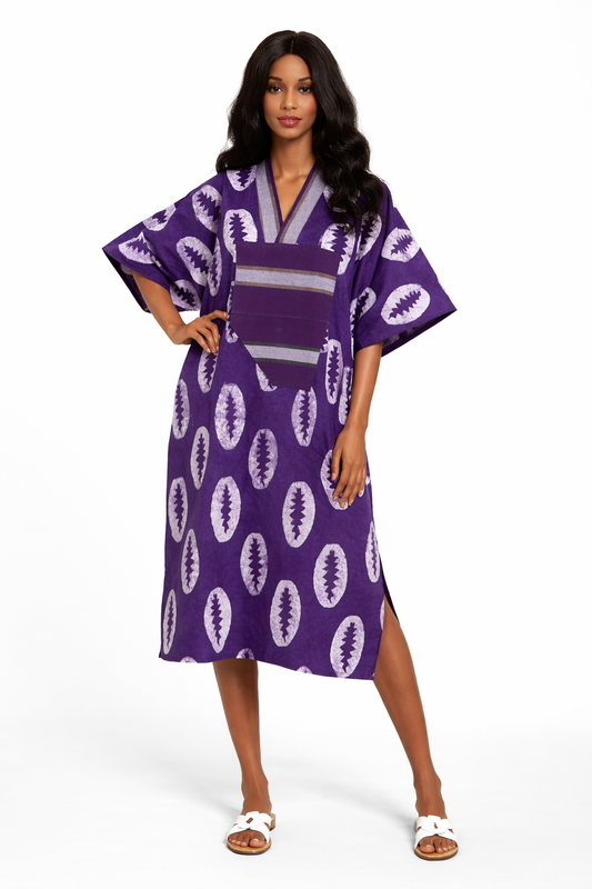 Adire Cotton Kaftan with Aso Oke Detail – 42” Length, Relaxed Fit