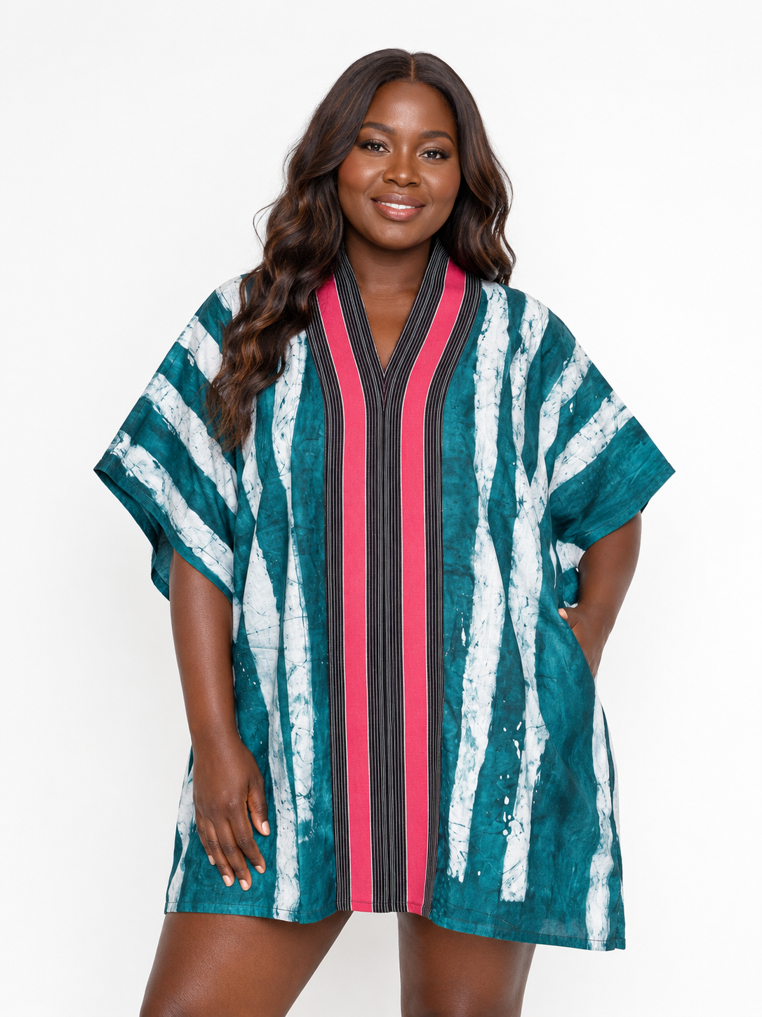 Adire Kaftan Mini Dress – Teal & Pink