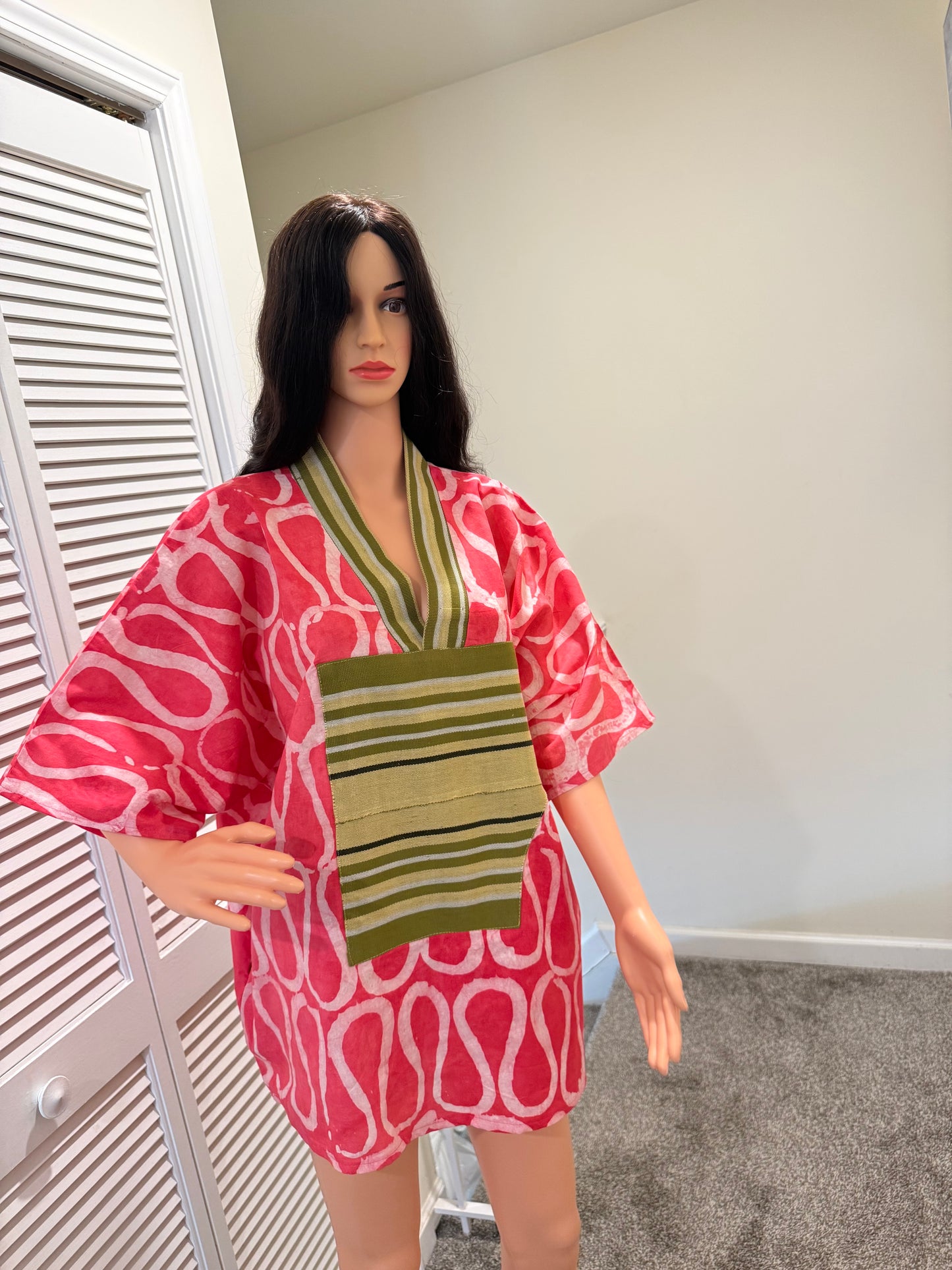 Pink Adire Mini Dress with Aso Oke Neckline