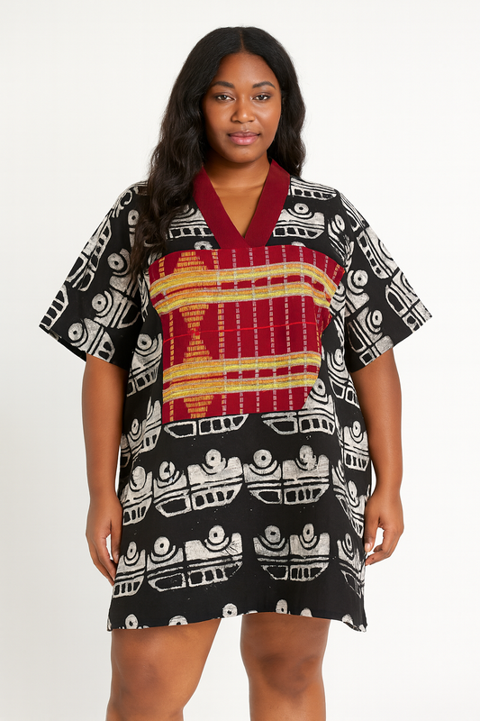 Danfo Pattern Short Kaftan With Vintage Aso-Oke Trim