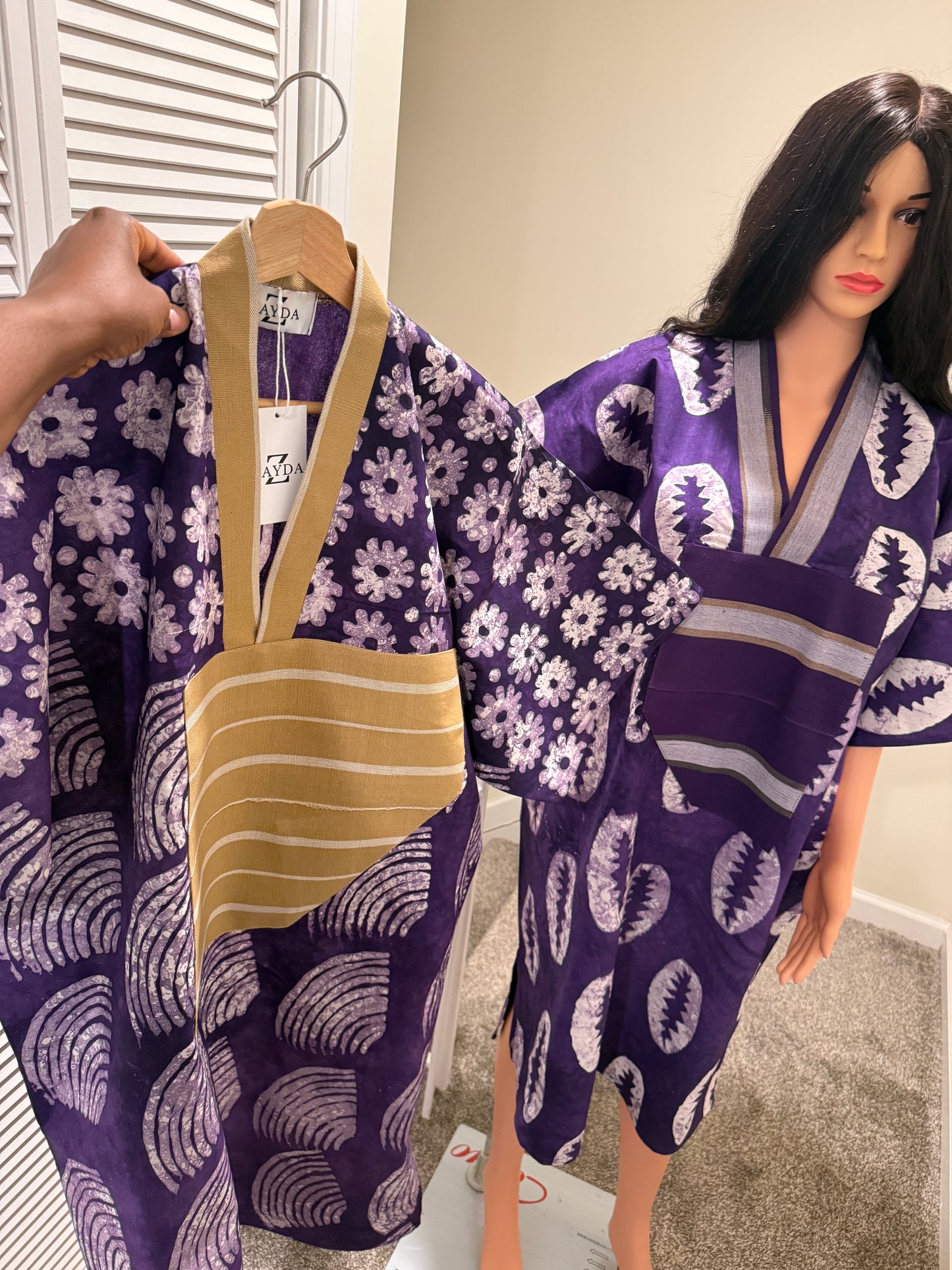 Purple Adire Midi Dress with Aso Oke Detail