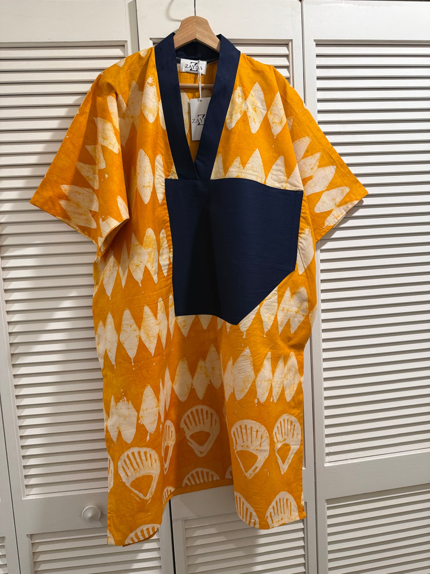 Mustard Adire Cotton Dress with Denim Neckline – 41” Length