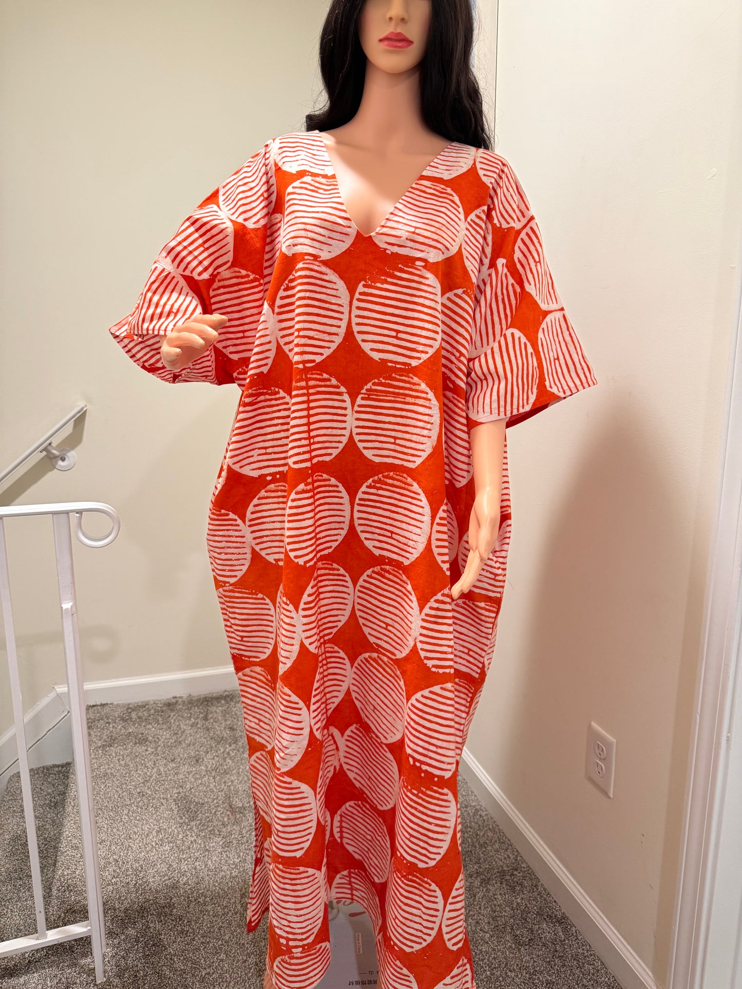 Bold Orange Circle Print Kaftan Dress – Relaxed Fit, V-Neck, Flowy Sleeves