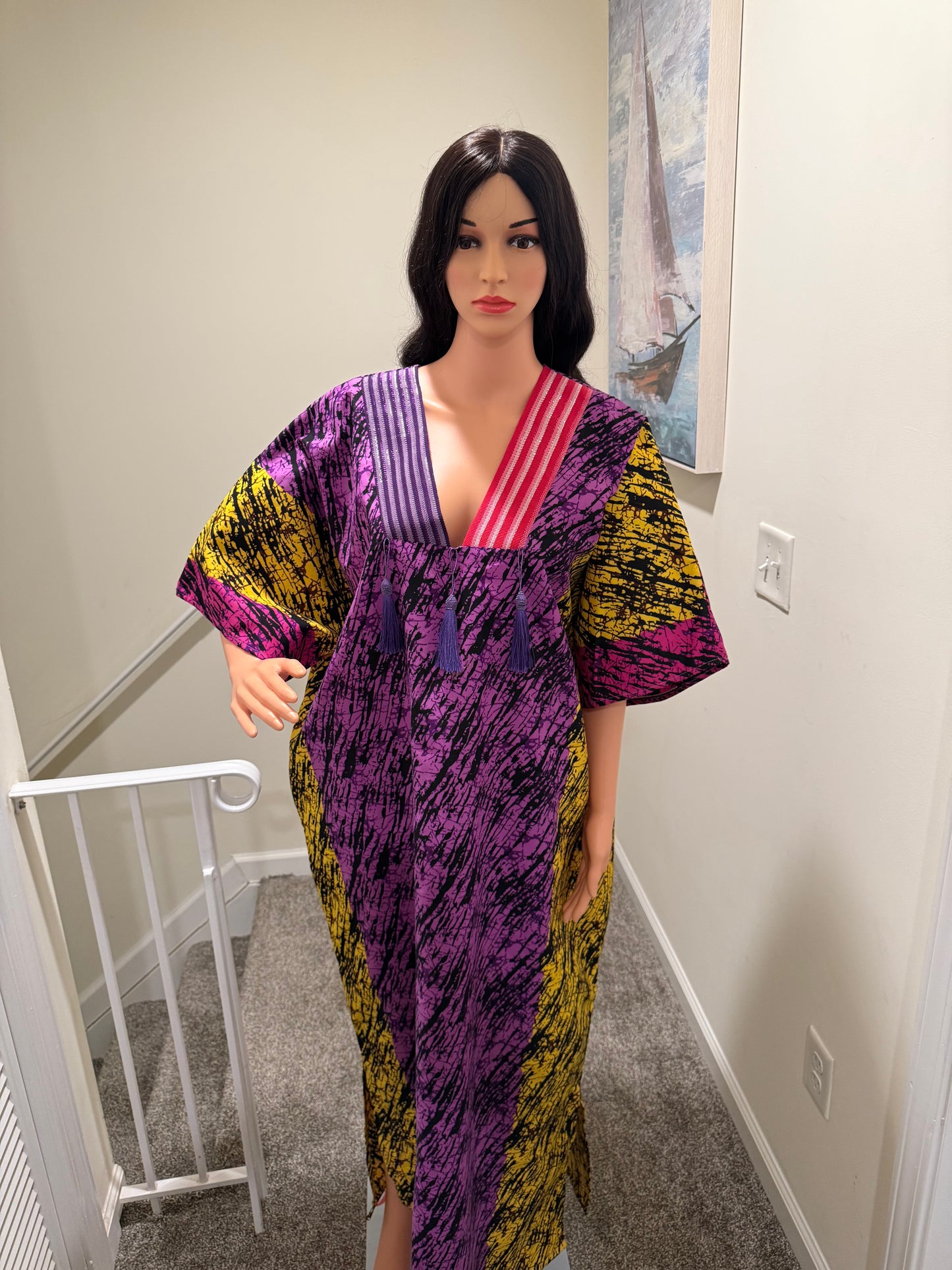 Aso-Oke Trim Ankara Kaftan + Matching Head Scarf