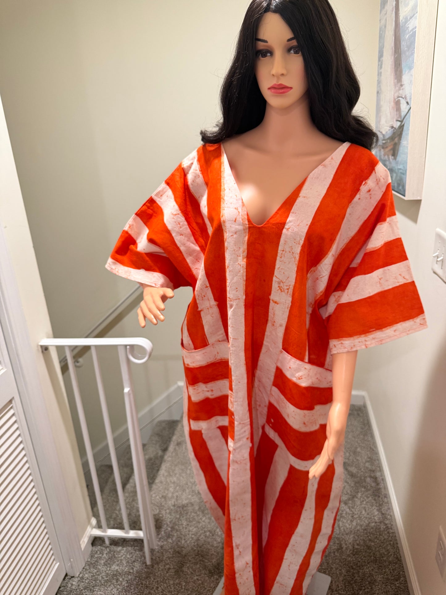 Striped Adire Kaftan – V-Neck Front & Back – Fits M to 4X