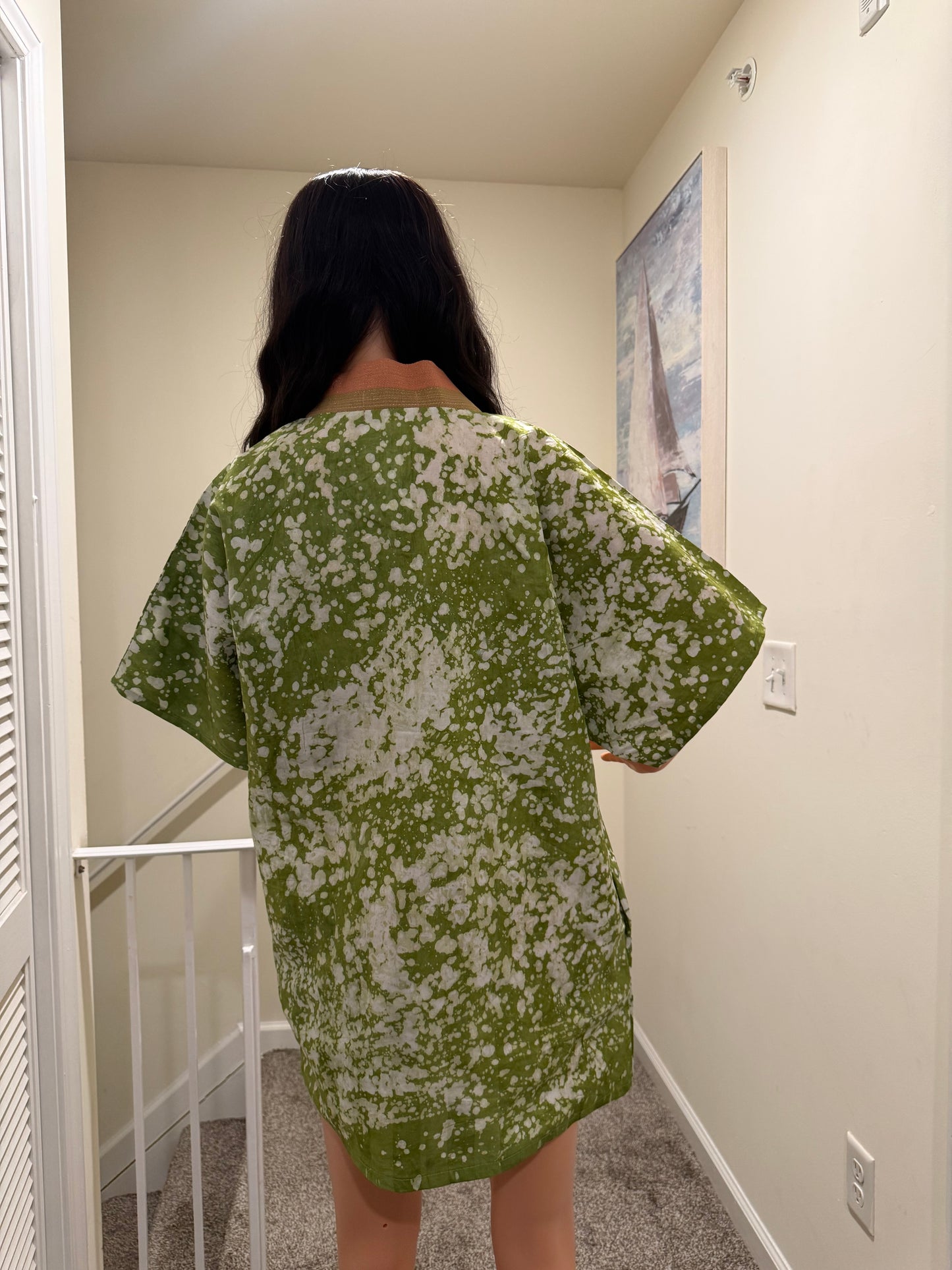 Green & White Adire Mini Kaftan with Àṣọ Òkè Neckline | Handmade African Dress | S–2X