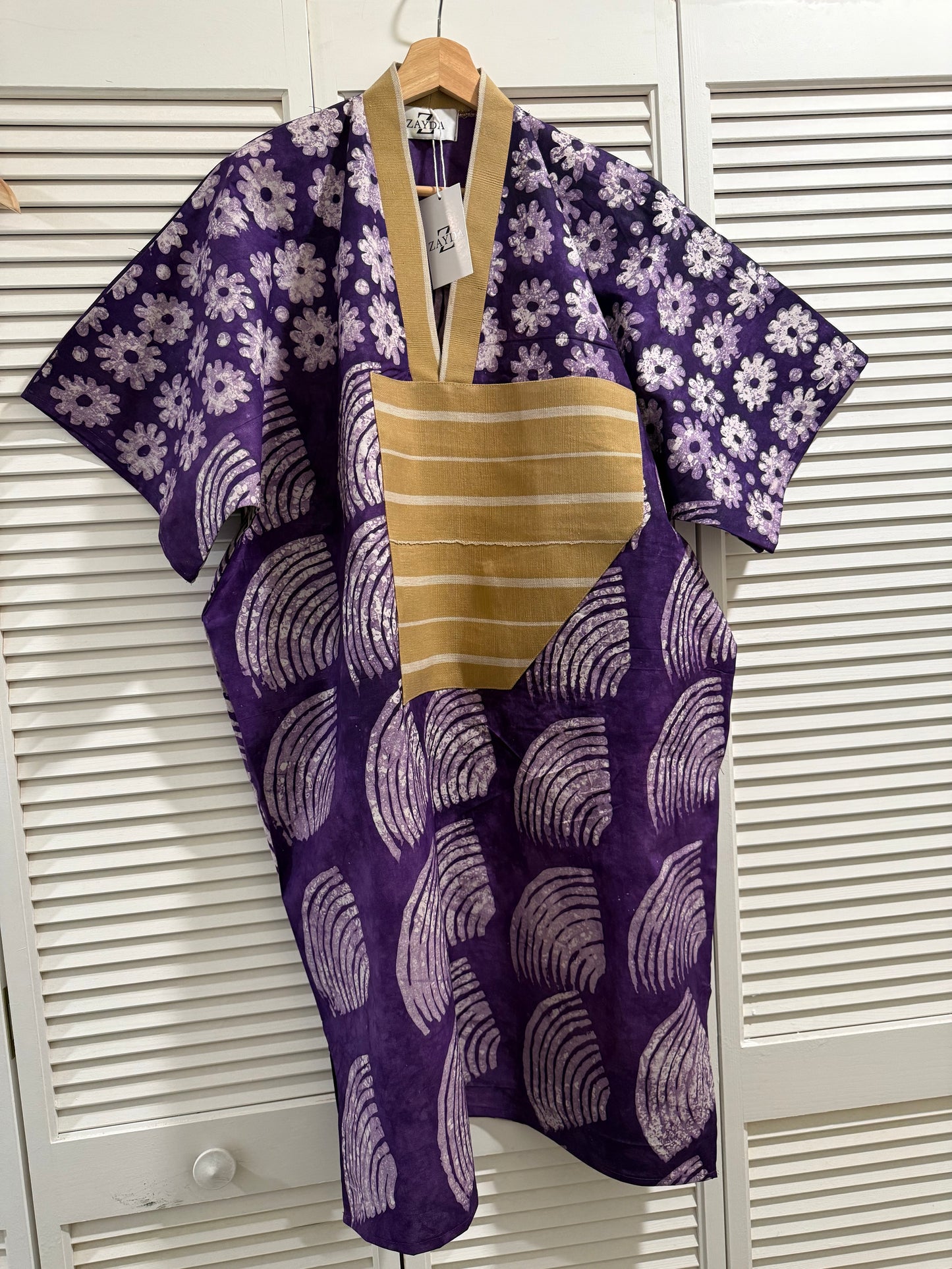 Purple Adire Midi Dress with Aso Oke Detail